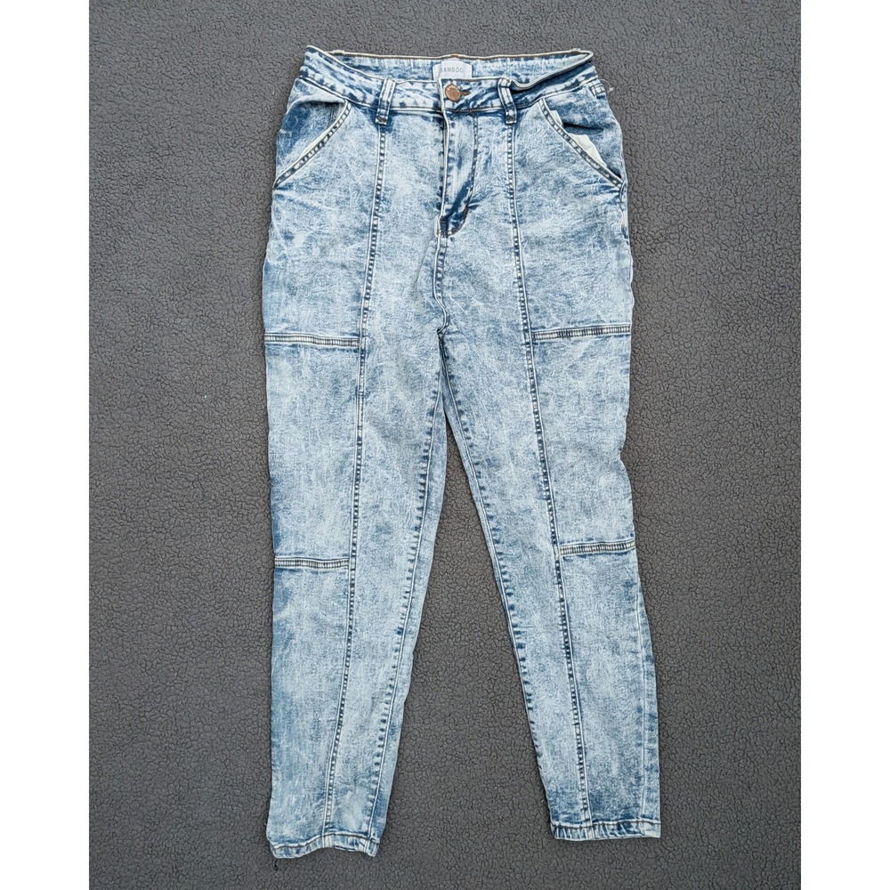 Bamboo Acid Wash High Rise Skinny Jeans Light Blue Paneled Seam Size 13/14